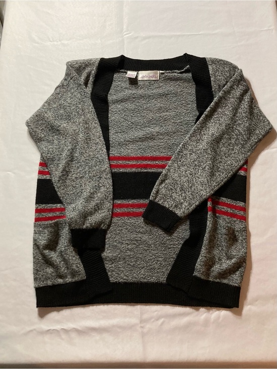 Gladys Bagley Sweaters - Women’s Gray Open-Front Cardigan with Black & Red Stripes